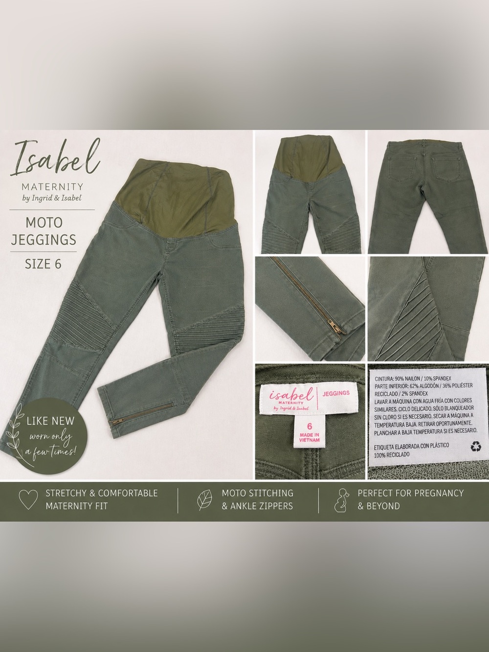 Isabel Maternity by Ingrid & Isabel Olive Green Moto Jeggings Size 6 Ankle Zip